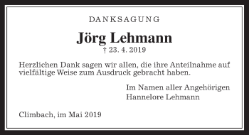 Traueranzeige von Jörg Lehmann von Allendorfer Mitteilungen