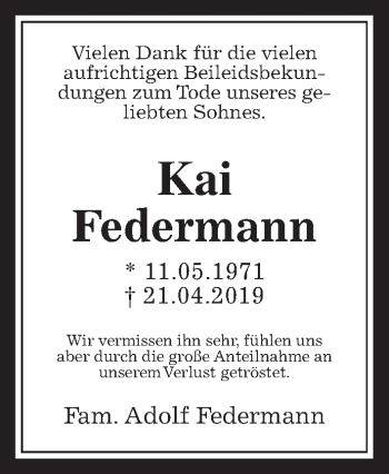 Traueranzeige von Kai Federmann von Wetterauer Zeitung
