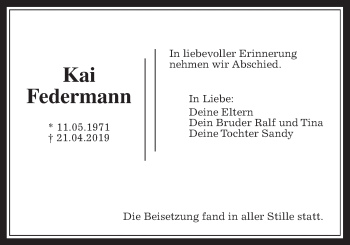 Traueranzeige von Kai Federmann von Wetterauer Zeitung