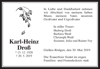 Traueranzeige von Karl-Heinz Droß von Giessener Allgemeine, Alsfelder Allgemeine
