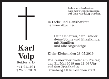 Traueranzeige von Karl Volp von Giessener Allgemeine, Alsfelder Allgemeine