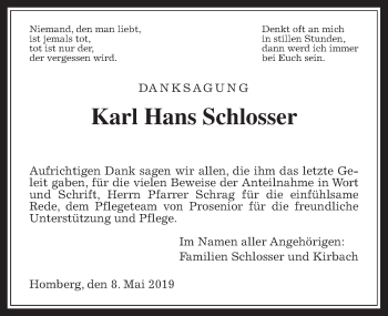 Traueranzeige von Karl Hans Schlosser von Alsfelder Allgemeine