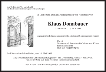 Traueranzeige von Klaus Donabauer von Wetterauer Zeitung