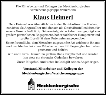 Traueranzeige von Klaus Heimerl von Giessener Allgemeine, Alsfelder Allgemeine