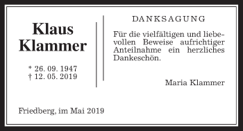 Traueranzeige von Klaus Klammer von Wetterauer Zeitung