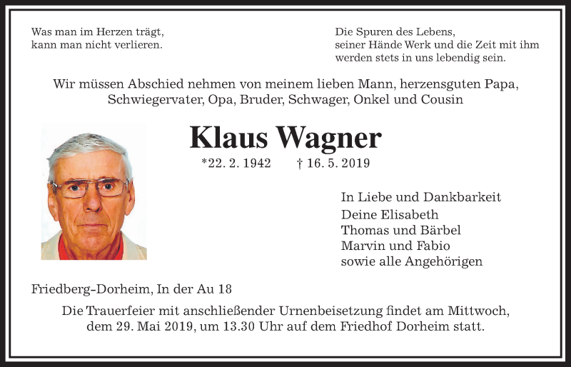  Traueranzeige für Klaus Wagner vom 25.05.2019 aus Wetterauer Zeitung