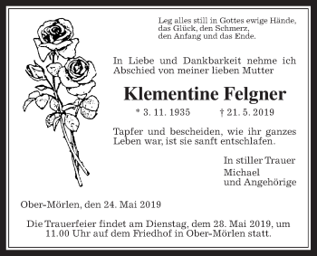 Traueranzeige von Klementine Felgner von Wetterauer Zeitung