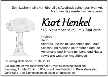 Traueranzeige von Kurt Henkel von Giessener Allgemeine, Alsfelder Allgemeine