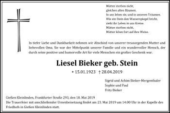 Traueranzeige von Liesel Bieker von Giessener Allgemeine, Alsfelder Allgemeine