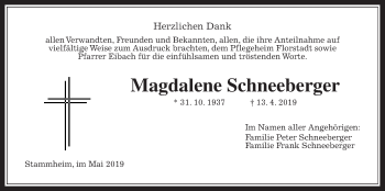 Traueranzeige von Magdalene Schneeberger von Wetterauer Zeitung