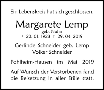 Traueranzeige von Margarete Lemp von Giessener Allgemeine, Alsfelder Allgemeine