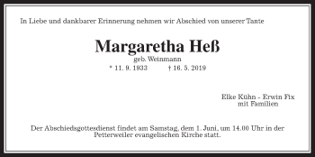 Traueranzeige von Margaretha Heß von Wetterauer Zeitung