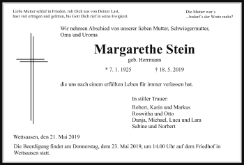 Traueranzeige von Margarethe Stein von Alsfelder Allgemeine