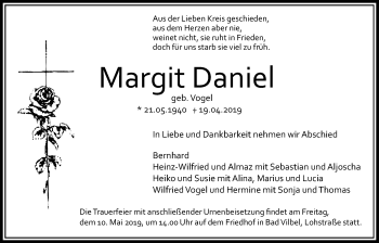 Traueranzeige von Margit Daniel von Bad Vilbel/Karben