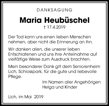 Traueranzeige von Maria Heubüschel von Licher Wochenblatt
