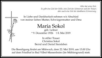 Traueranzeige von Maria Sokol von Bad Vilbel/Karben