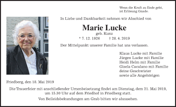Traueranzeige von Marie Lucke von Wetterauer Zeitung