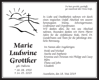 Traueranzeige von Marie Ludwine Grottker von Wetterauer Zeitung