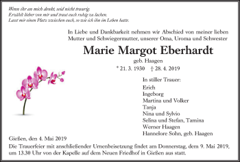Traueranzeige von Marie Margot Eberhardt von Giessener Allgemeine, Alsfelder Allgemeine