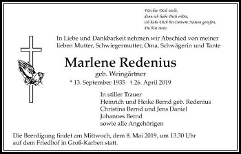 Traueranzeige von Marlene Redenius von Bad Vilbel/Karben