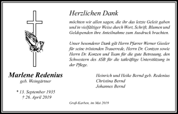 Traueranzeige von Marlene Redenius von Bad Vilbel/Karben
