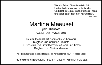 Traueranzeige von Martina Maeusel von Bad Vilbel/Karben