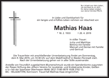 Traueranzeige von Mathias Haas von Wetterauer Zeitung