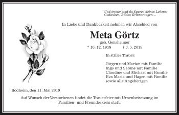 Traueranzeige von Meta Görtz von Giessener Allgemeine, Alsfelder Allgemeine