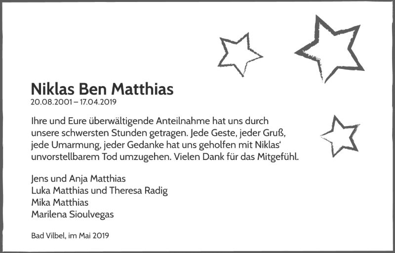  Traueranzeige für Niklas Ben Matthias vom 16.05.2019 aus Bad Vilbel/Karben