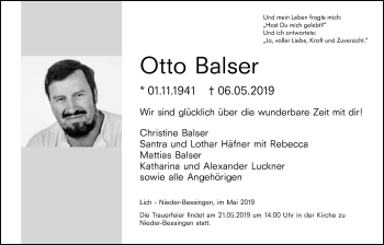 Traueranzeige von Otto Balser von Licher Wochenblatt