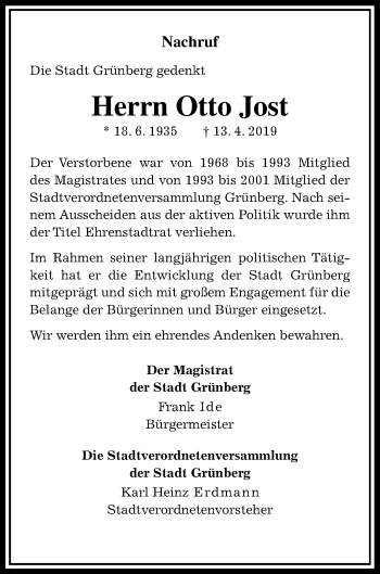 Traueranzeige von Otto Jost von Giessener Allgemeine, Alsfelder Allgemeine
