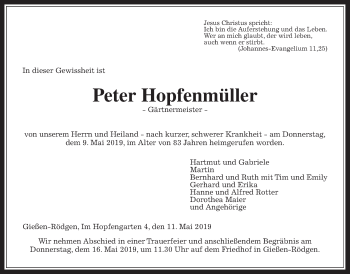 Traueranzeige von Peter Hopfenmüller von Giessener Allgemeine, Alsfelder Allgemeine