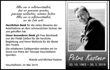 Traueranzeige von Petra Kastner von Giessener Allgemeine, Alsfelder Allgemeine