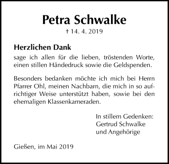 Traueranzeige von Petra Schwalke von Giessener Allgemeine, Alsfelder Allgemeine