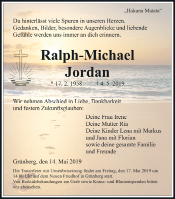 Traueranzeige von Ralph-Michael Jordan von Giessener Allgemeine, Alsfelder Allgemeine