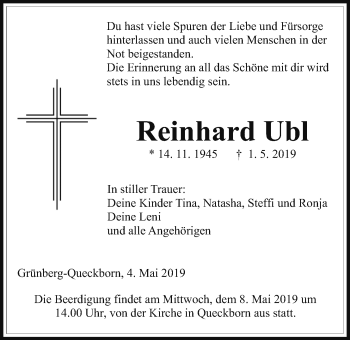 Traueranzeige von Reinhard Ubl von Wetterauer Zeitung, Giessener Allgemeine, Alsfelder Allgemeine