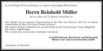 Traueranzeige von Reinhold Müller von Alsfelder Allgemeine