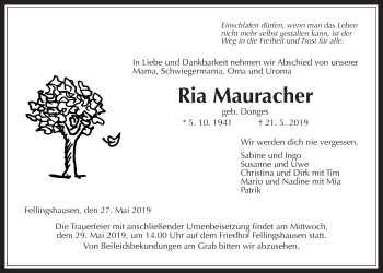 Traueranzeige von Ria Mauracher von Giessener Allgemeine, Alsfelder Allgemeine