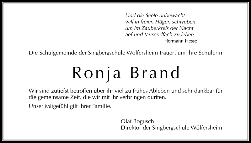  Traueranzeige für Ronja Brand vom 11.05.2019 aus Wetterauer Zeitung