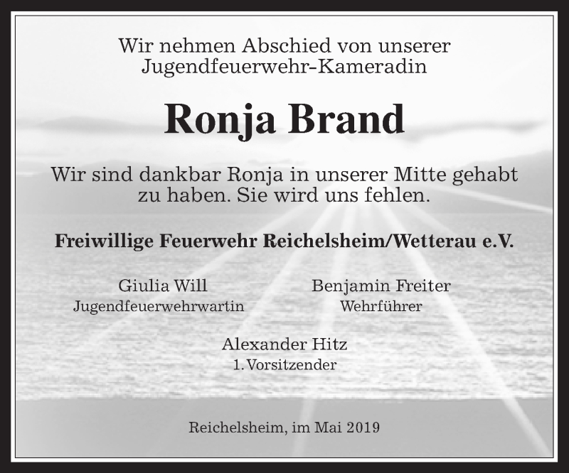  Traueranzeige für Ronja Brand vom 18.05.2019 aus Wetterauer Zeitung