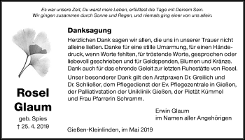 Traueranzeige von Rosel Glaum von Giessener Allgemeine, Alsfelder Allgemeine