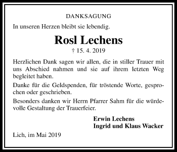Traueranzeige von Rosl Lechens von Licher Wochenblatt