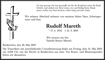 Traueranzeige von Rudolf Mareth von Giessener Allgemeine, Alsfelder Allgemeine