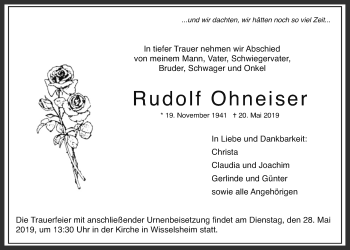 Traueranzeige von Rudolf Ohneiser von Wetterauer Zeitung