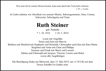 Traueranzeige von Ruth Steiner von Giessener Allgemeine, Alsfelder Allgemeine