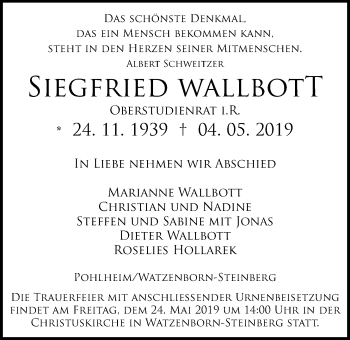 Traueranzeige von Siegfried Wallbott von Giessener Allgemeine, Alsfelder Allgemeine