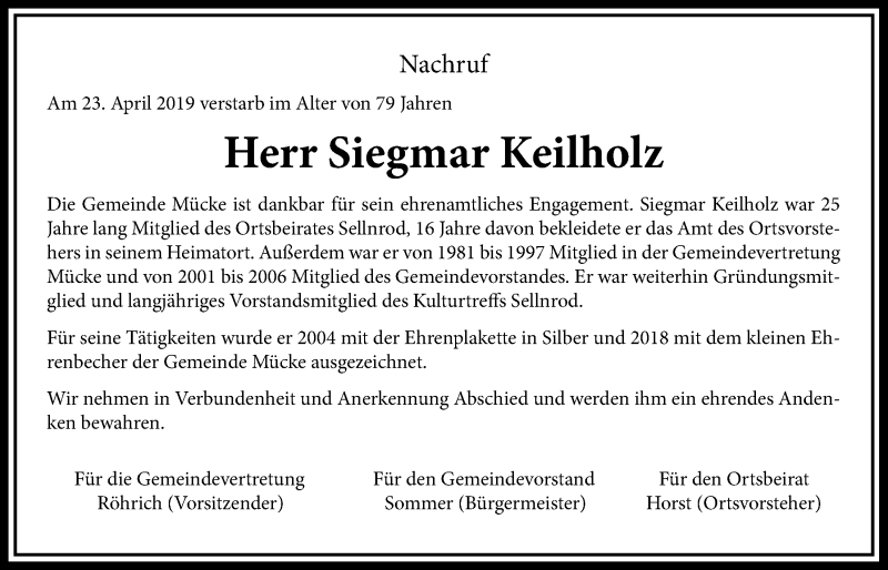  Traueranzeige für Siegmar Keilholz vom 03.05.2019 aus Mücker Stimme
