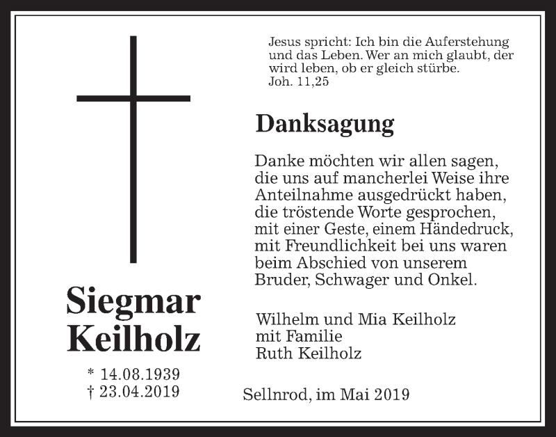  Traueranzeige für Siegmar Keilholz vom 16.05.2019 aus Giessener Allgemeine, Alsfelder Allgemeine