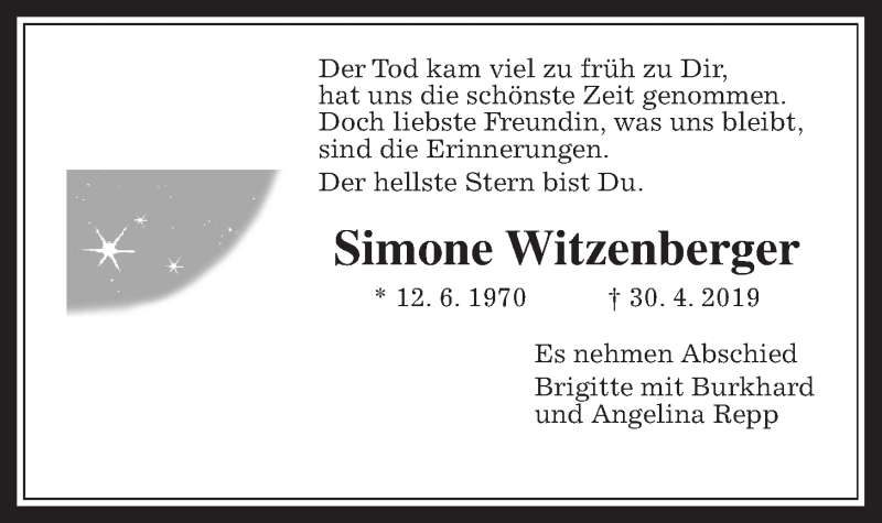  Traueranzeige für Simone Witzenberger vom 06.05.2019 aus Wetterauer Zeitung