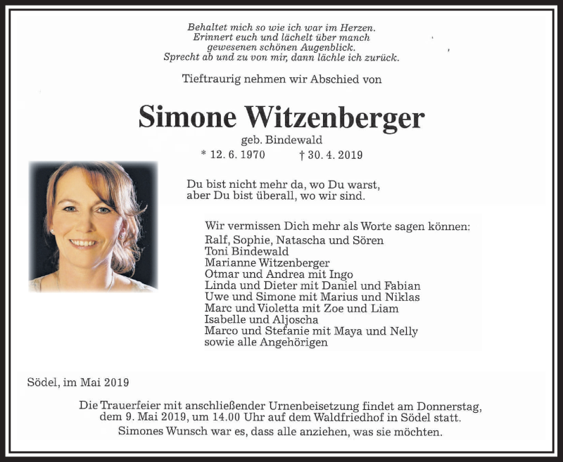  Traueranzeige für Simone Witzenberger vom 04.05.2019 aus Wetterauer Zeitung